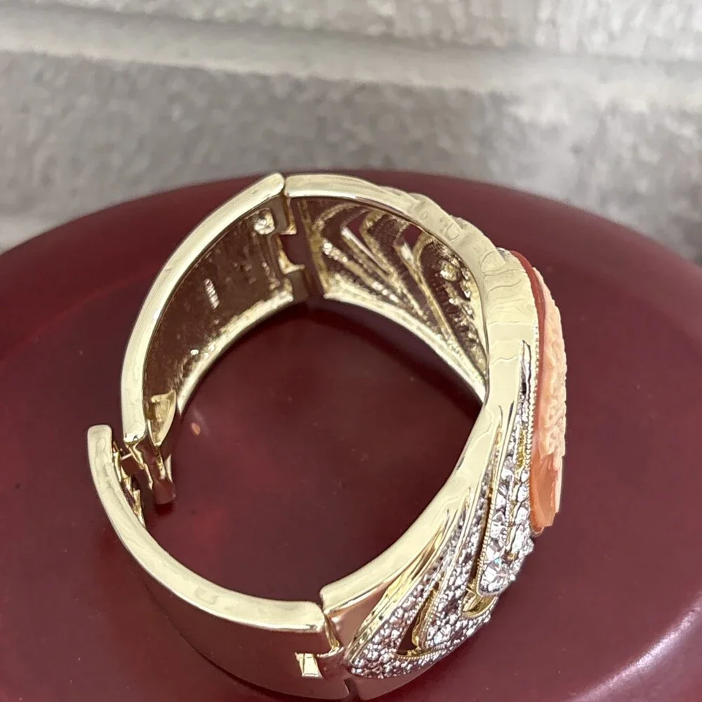 Amedeo NYC Cameo Shell Crystal Hinged Chunky Wide Gold Bangle Bracelet 6.5-7